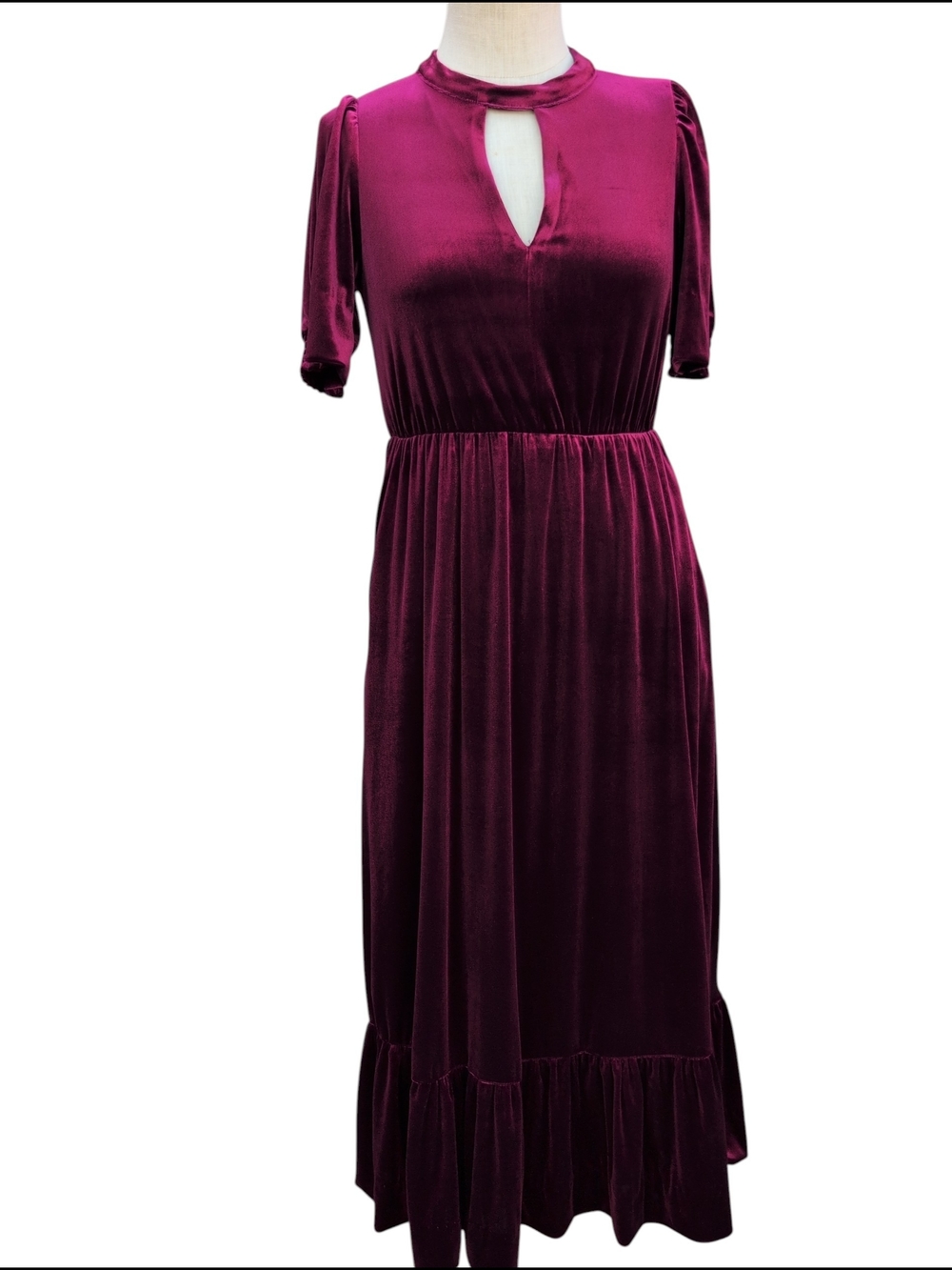 Nwt $80 Velvet Keyhole Midi Dress Merlot Long Stretch Lined Pockets India Small